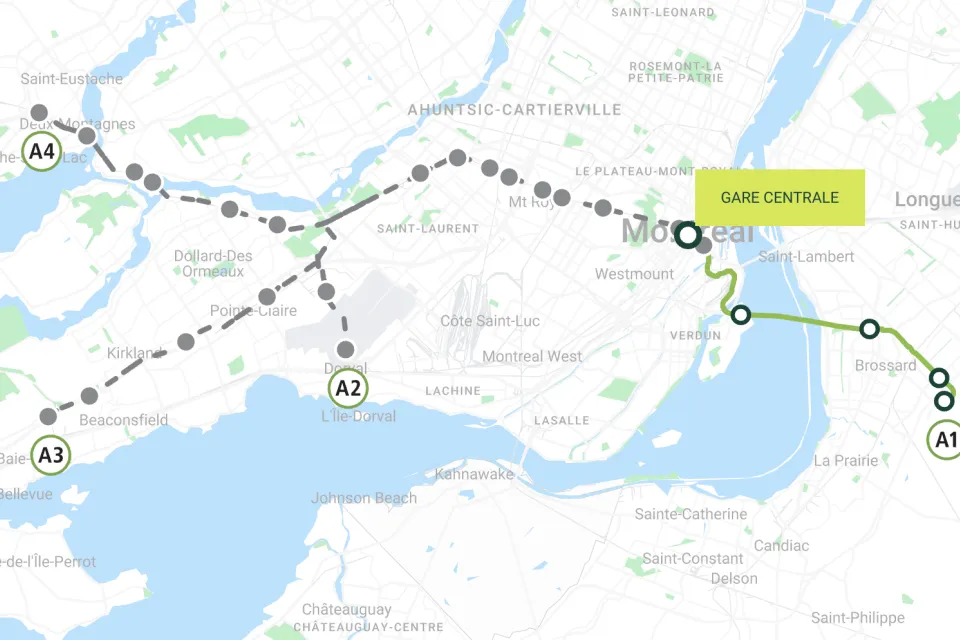 A map of the Réseau Express Métropolitain where it cuts across the Montreal region.